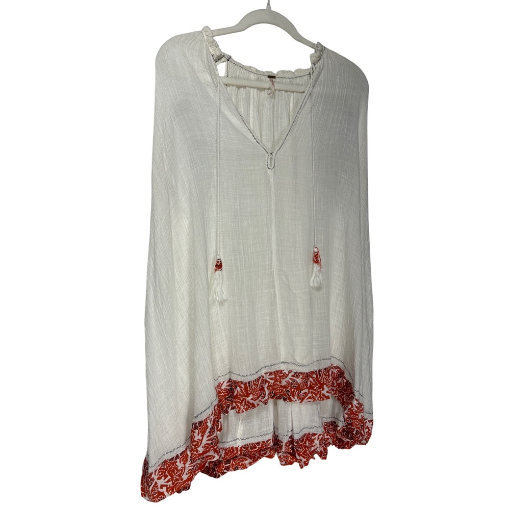 Free People White Gauze Boho Tunic Top Red Floral Border‎ Tassel V-Neck Small